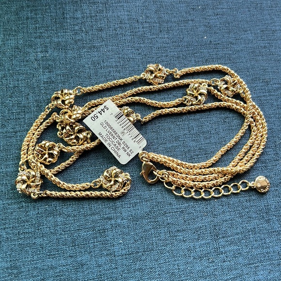 Love Knot Double Row Necklace Sprinkled with Glittering Rhinestones Golden NWT - Picture 3 of 9